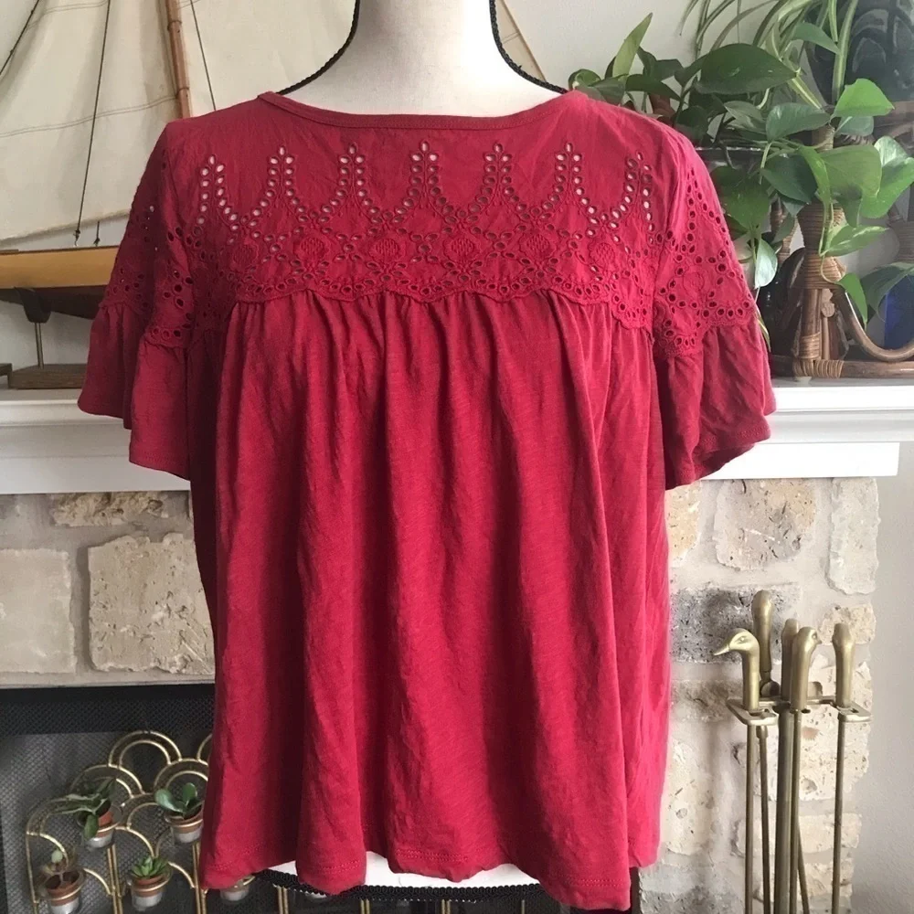 J crew flutter sleeve ruffle Eyelet lace top in vintage red cotton size small